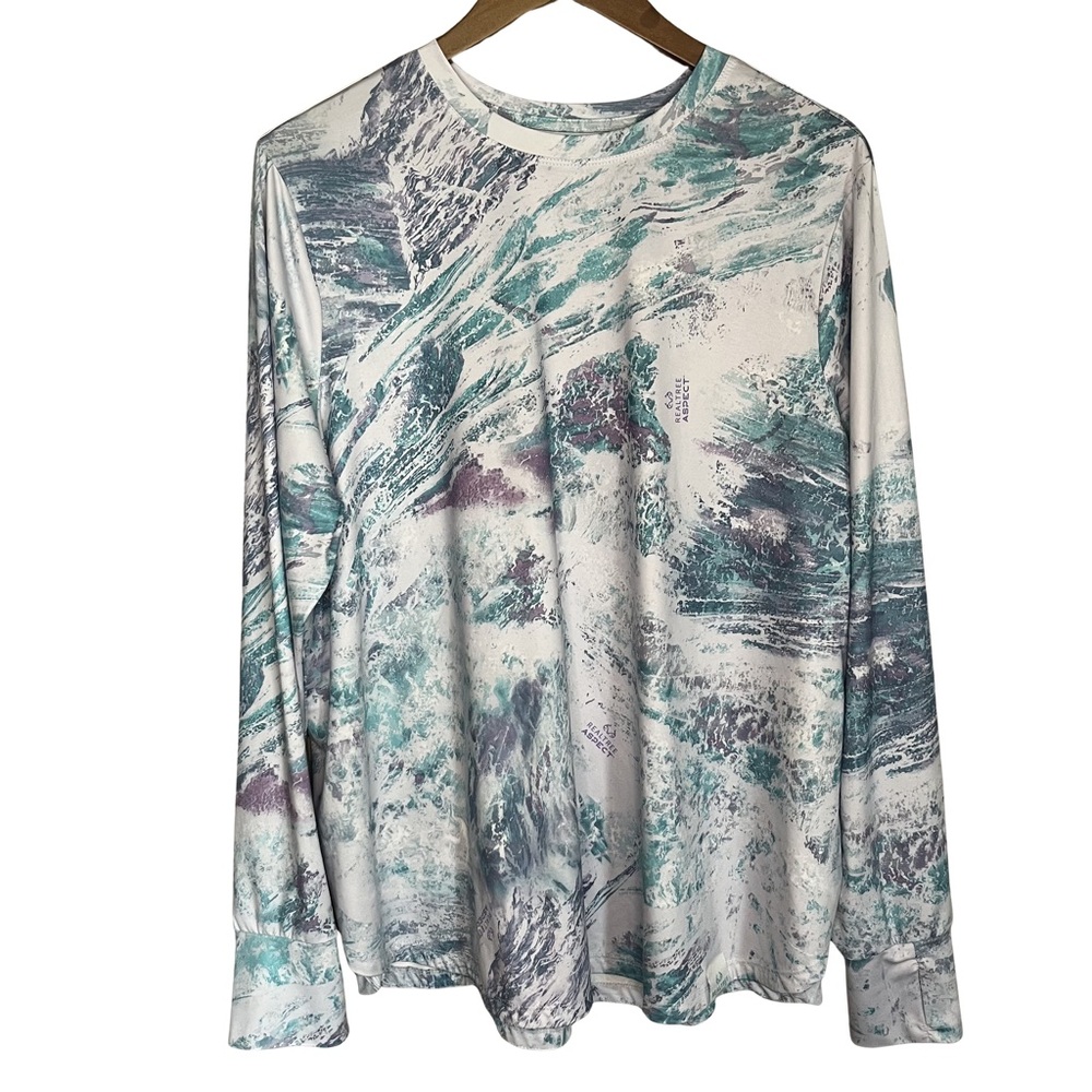 Realtree Fishing 2XL Women’s Water Camo Print Tee - Teal, Purple & White L/S